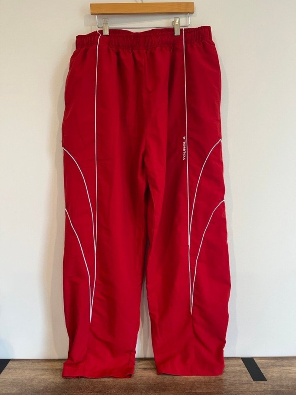 YoungLA Red Track Pants Mens XL White Piping Mesh Lined Snap Hem Windbreaker